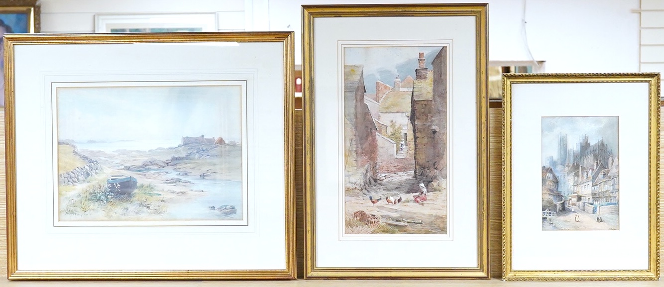 Three watercolours comprising H. Percy Heard, Coastal view, B. Whitmore, Girl beside chickens and C. Gilles, town scene before a cathedral, largest 36 x 19.5cm